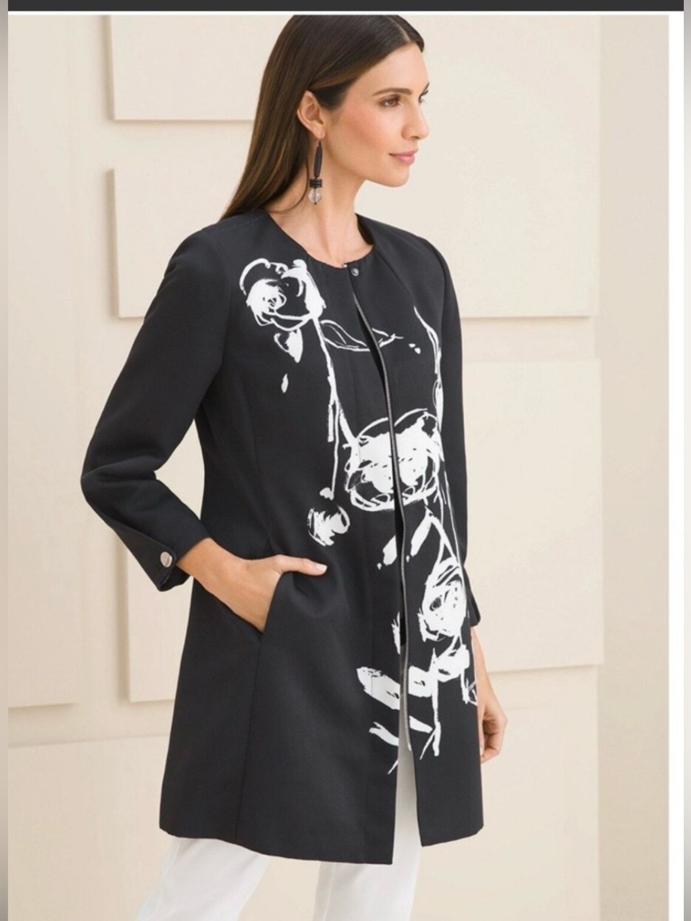 CHICOS 4/6 Trailing Roses black floral zip structured midi classic jacket